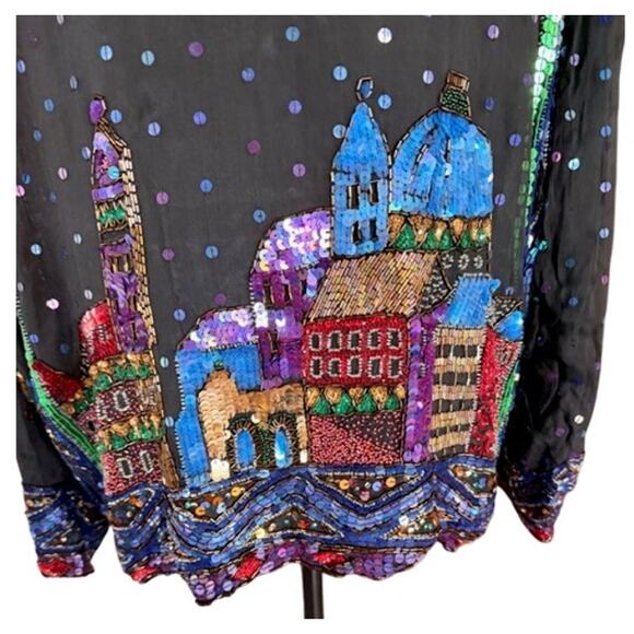 Vintage Sequin Together! Wearable Art Silk Jacket Storybook Cityscape Size M - Picture 4 of 8